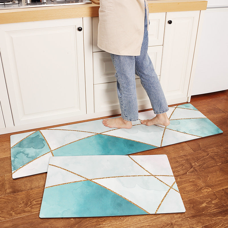 Feblilac Green and Golden Geometric Art Pattern PVC Leather Kitchen Mat