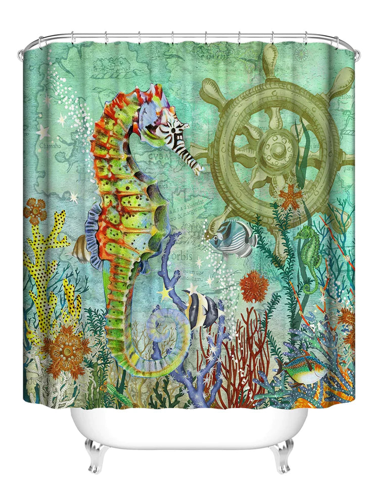 Feblilac Green sea horse shower curtain with Hooks, Animal Bathroom Curtains with Ring, Unique Bathroom décor, Boho Shower Curtain, Customized Bathroom Curtains, Extra Long Shower Curtain