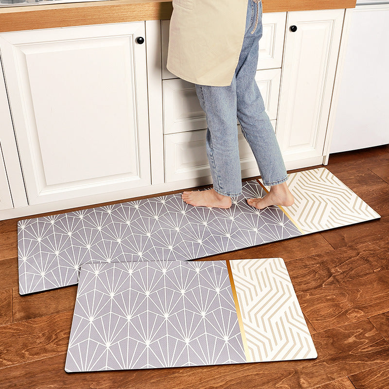 Feblilac Grey and Golden Line Art PVC Leather Kitchen Mat