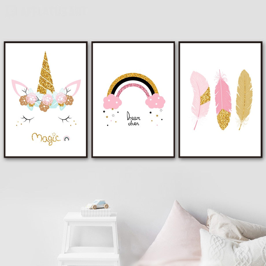 Cartoon Rainbow Unicorn Feather Wall Art Canvas Painting Nordic Posters And Prints Wall Pictures Kids Room Girl Room Wall Decor