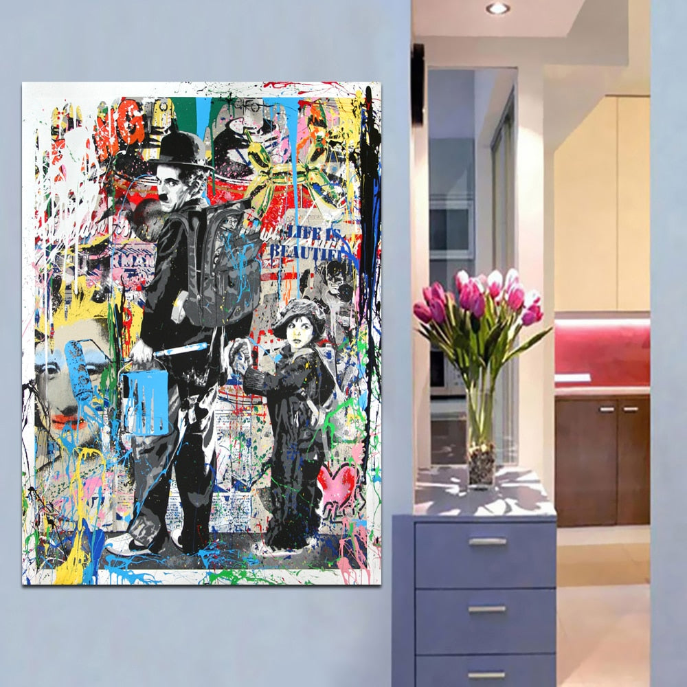 Modern Canvas Painting Graffiti Art Prints Charlie Chaplin Oil Painting Modern Wall Arts and Prints Living Room Decor