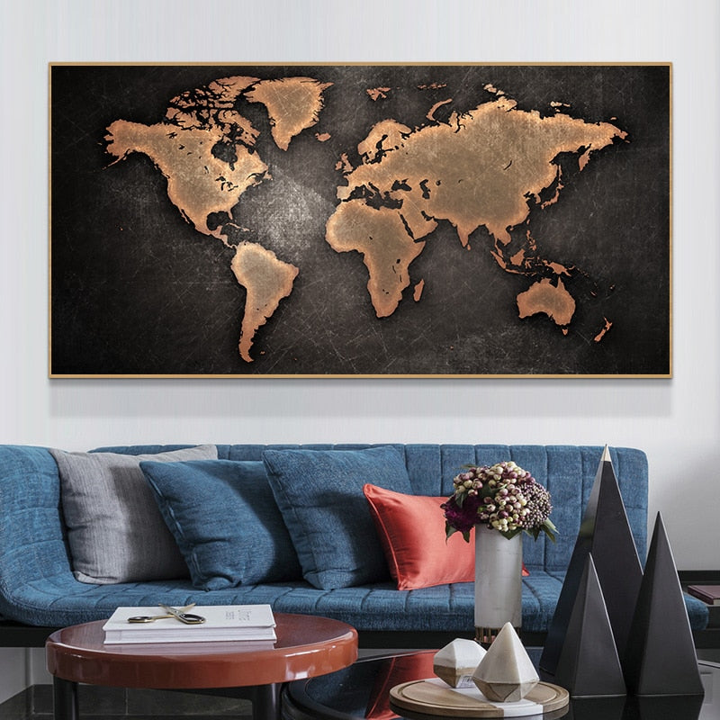 World Map Canvas Dark Academia