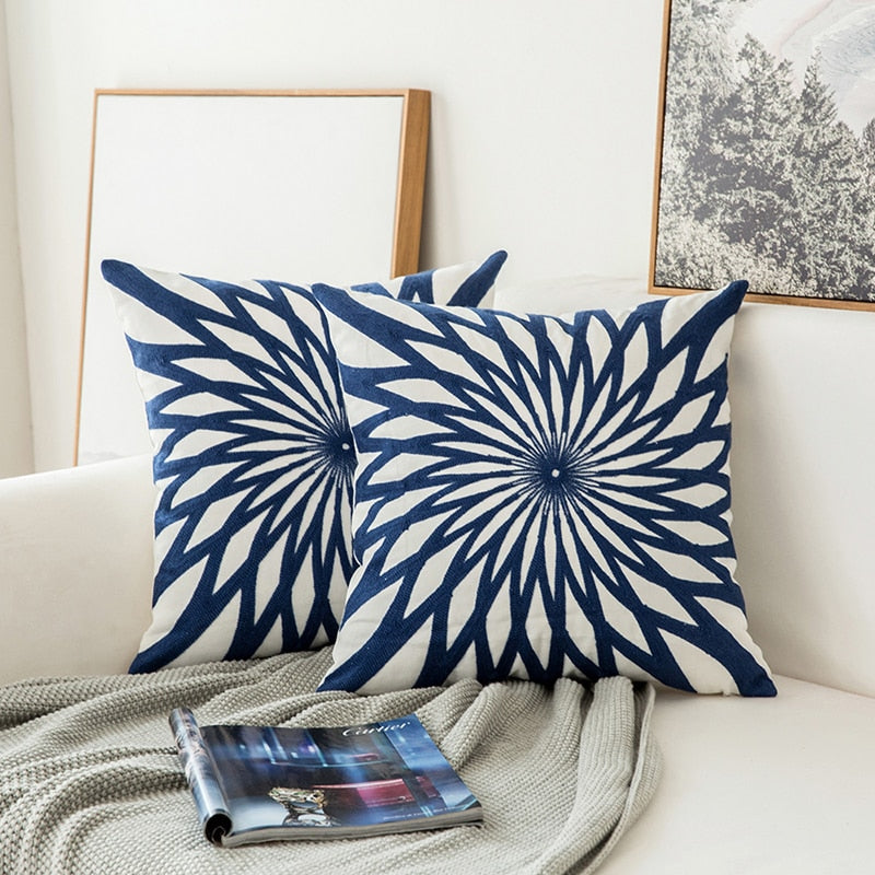 Home Decor Embroidered Cushion Cover Navy Blue/White Geometric Floral Canvas Cotton Suqare Embroidery Pillow Cover 45x45cm