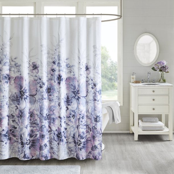 Feblilac Purple and Blue Water Print Flower Garden Shower Curtain with Hooks, Bloom Floral Bathroom Curtains with Ring, Unique Bathroom décor, Boho Shower Curtain, Customized Bathroom Curtains, Extra Long Shower Curtain