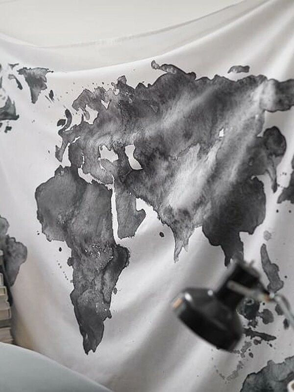 Black & White World Map Print Tapestry