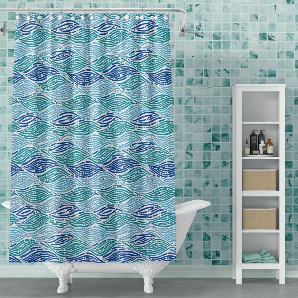 Feblilac Abstract Blue Sea Wave Geometric Shower Curtain with Hooks, Geometric Figure Bathroom Curtains with Ring, Unique Bathroom décor, Boho Shower Curtain, Customized Bathroom Curtains, Extra Long Shower Curtain