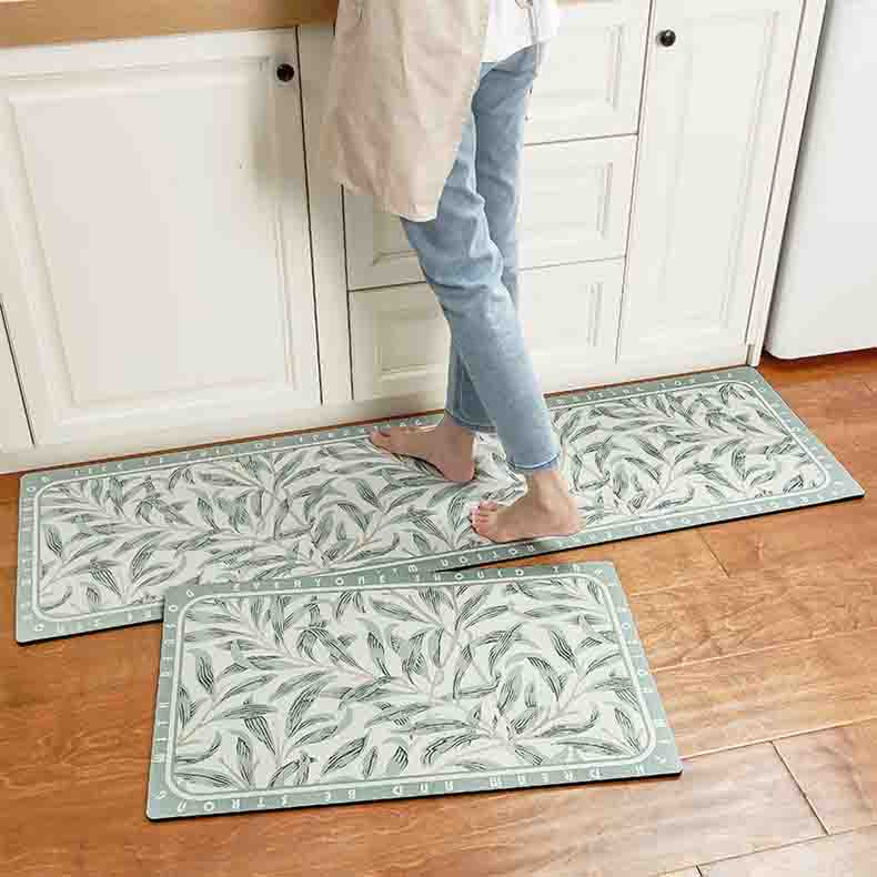 Feblilac Light Green Leaves Foral PVC Leather Kitchen Mat