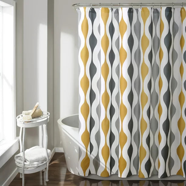 Feblilac Blue and Grey Wave Geometric Shower Curtain with Hooks, Geometric Figure Bathroom Curtains with Ring, Unique Bathroom décor, Boho Shower Curtain, Customized Bathroom Curtains, Extra Long Shower Curtain