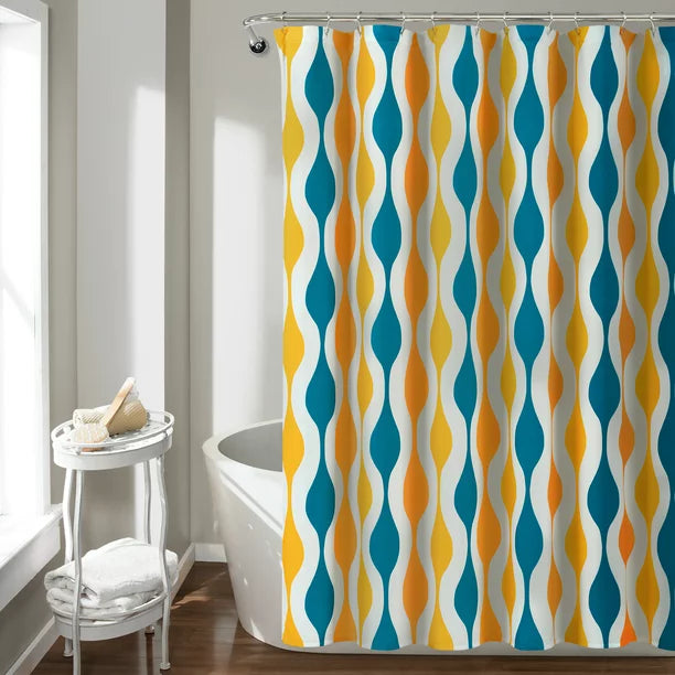 Feblilac Blue and Grey Wave Geometric Shower Curtain with Hooks, Geometric Figure Bathroom Curtains with Ring, Unique Bathroom décor, Boho Shower Curtain, Customized Bathroom Curtains, Extra Long Shower Curtain