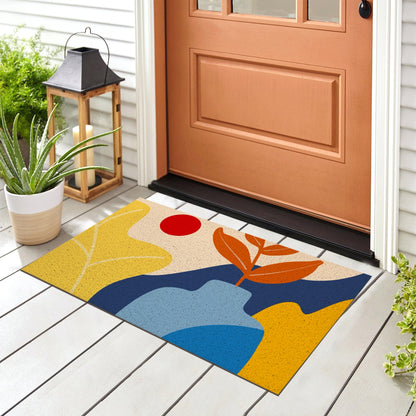 Feblilac Abstract Flower Pot Door Mat, Country Style Flower Patio Welcome Doormat, Anti Skid PVC Coil Outdoor Mats, Front Mat for Home, Washable Entryway Doormat