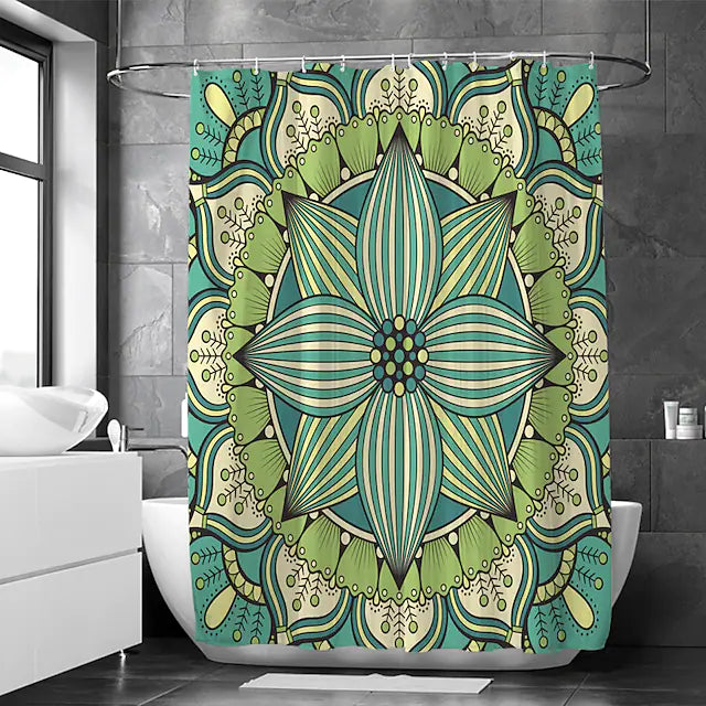 Feblilac Green Yellow Modern Bohemian Theme Shower Curtain with Hooks, Floral Bathroom Curtains with Ring, Unique Bathroom décor, Customized Bathroom Curtains, Extra Long Shower Curtain