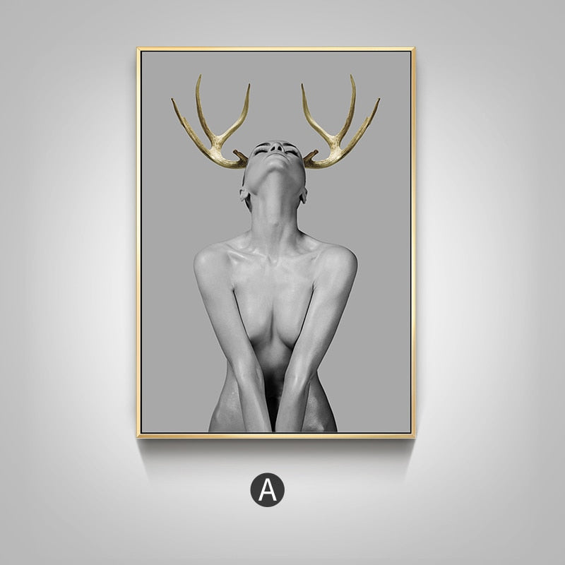 Nude with Golden Antlers Figurative Photographic Wall Art