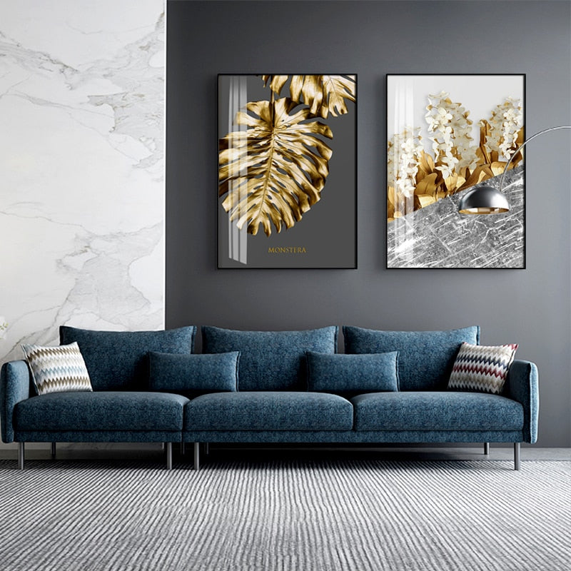 Golden abstract leaf flower Wall Art for Living Room Decor