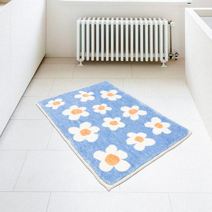 White Flower with Blue Ground Bath Mat
