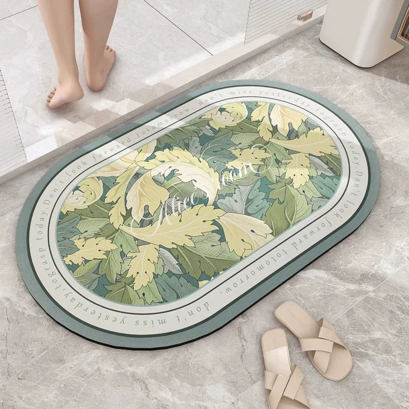 Feblilac Abstract Green Lines Bath Mat, Modern Leaves Art Rug for Bathroom