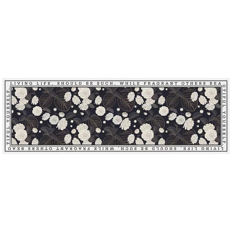 Feblilac Black and White Flower Leave PVC Leather Kitchen Mat