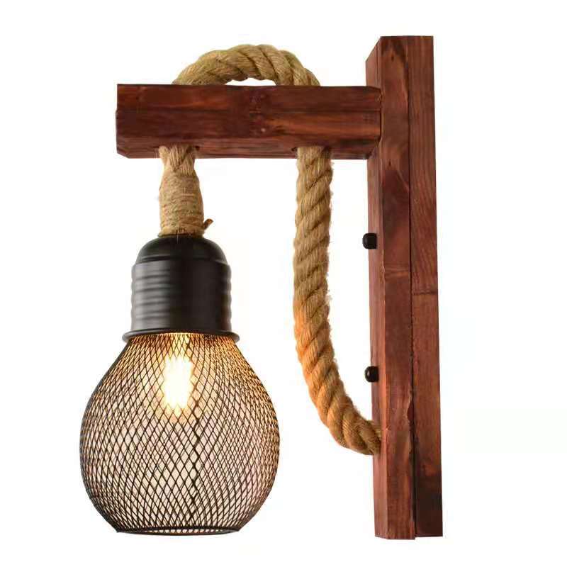 Antique Wooden Retro Wall Lamp with Mesh Shade