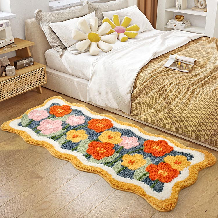 Feblilac Lovely Flowers Bedroom Runner Mat, Red Flower Bedroom Rug