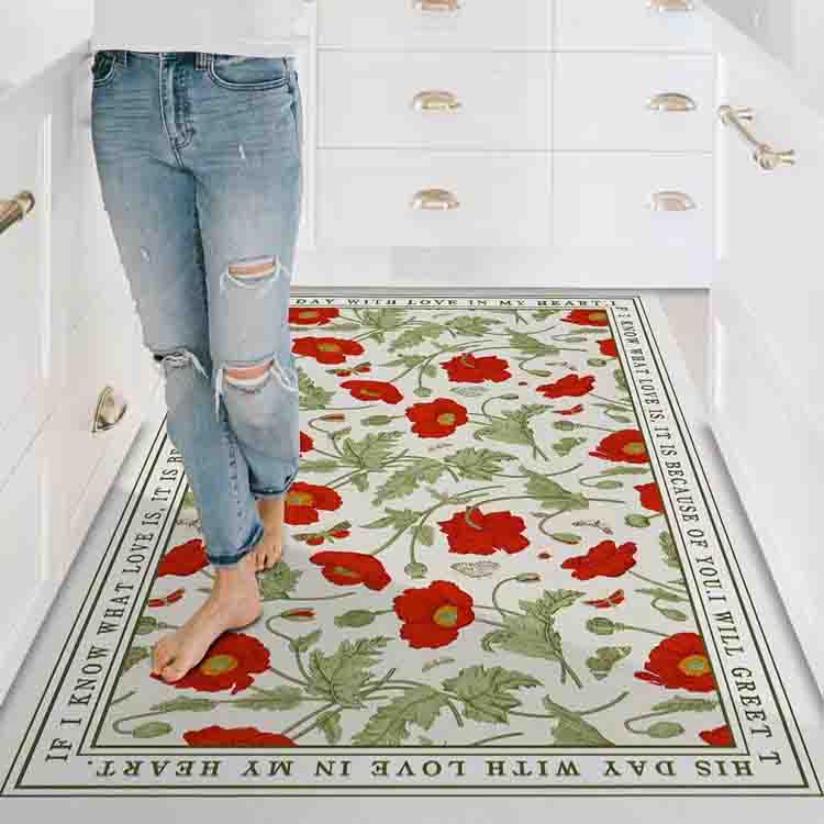 Feblilac Red Flower PVC Leather Kitchen Mat