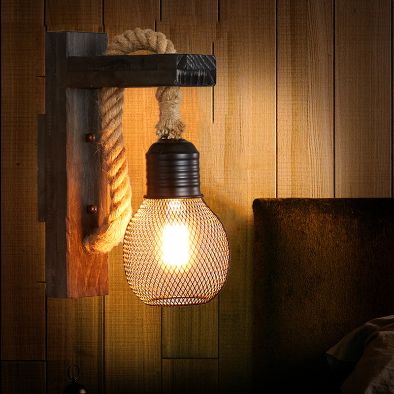 Antique Wooden Retro Wall Lamp with Mesh Shade