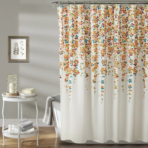 Feblilac Blue Green Flowers and Vines Cream Ground Shower Curtain with Hooks, Bloom Floral Bathroom Curtains with Ring, Unique Bathroom décor, Boho Shower Curtain, Customized Bathroom Curtains, Extra Long Shower Curtain