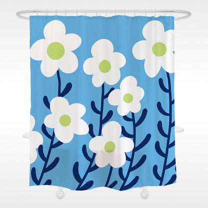 Feblilac White Flower and Blue Shower Curtain with Hooks, Floral Bathroom Curtains with Ring, Unique Bathroom décor, Boho Shower Curtain, Customized Bathroom Curtains, Extra Long Shower Curtain