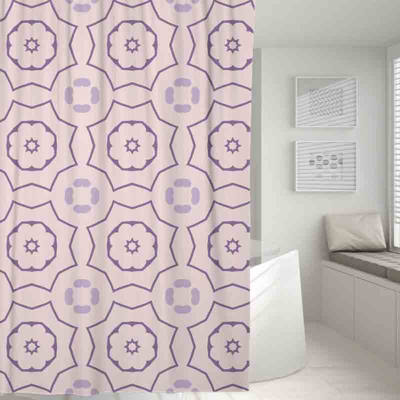 Feblilac Purple Flower Shaped Line Art Grey Ground Shower Curtain with Hooks, Geometric Bathroom Curtains with Ring, Unique Bathroom décor, Boho Shower Curtain, Customized Bathroom Curtains, Extra Long Shower Curtain