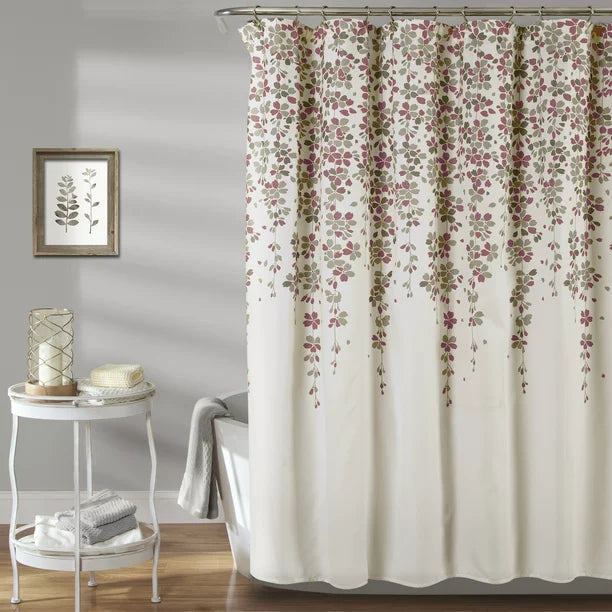 Feblilac White and Purple Flowers and Vines Grey Ground Shower Curtain with Hooks, Bloom Floral Bathroom Curtains with Ring, Unique Bathroom décor, Boho Shower Curtain, Customized Bathroom Curtains, Extra Long Shower Curtain