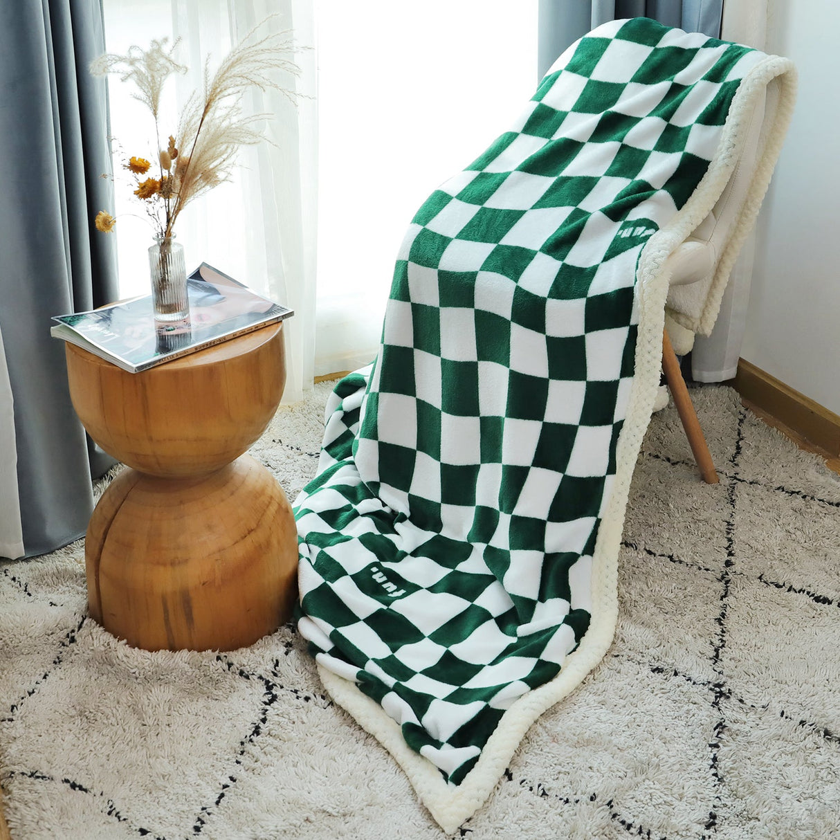 Green Plaid Grid Fluffy Blanket