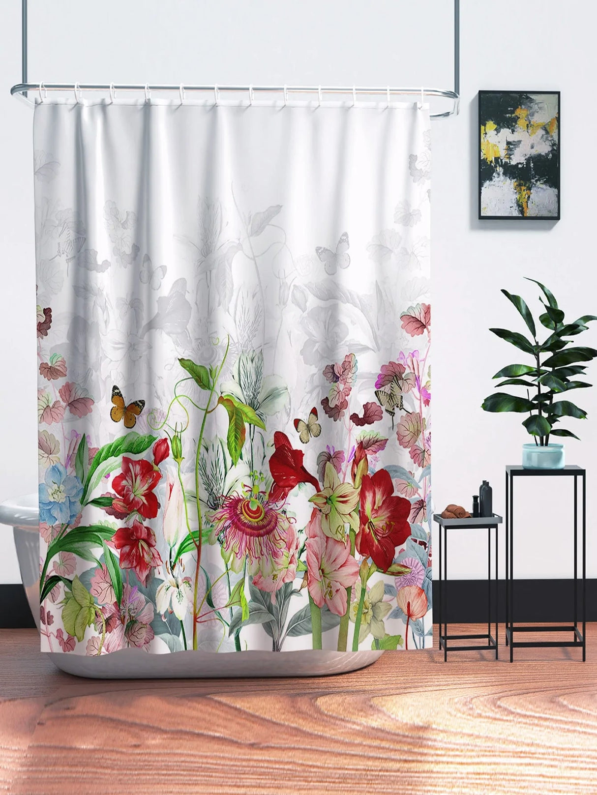 Feblilac Red Flowers Garden Shower Curtain with Hooks, Animal Bathroom Curtains with Ring, Unique Bathroom décor, Boho Shower Curtain, Customized Bathroom Curtains, Extra Long Shower Curtain