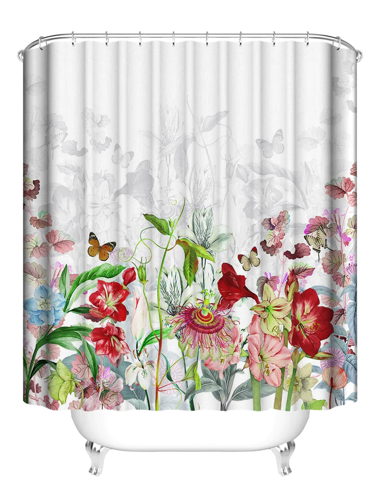 Feblilac Red Flowers Garden Shower Curtain with Hooks, Animal Bathroom Curtains with Ring, Unique Bathroom décor, Boho Shower Curtain, Customized Bathroom Curtains, Extra Long Shower Curtain