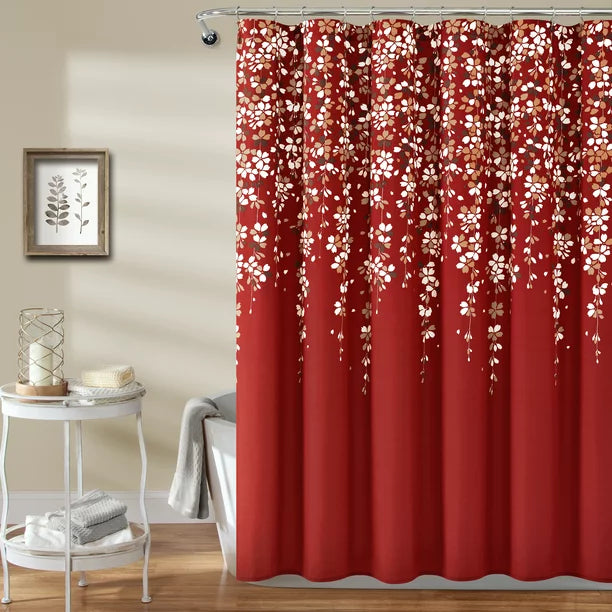 Feblilac White Flowers and Vines Red Ground Shower Curtain with Hooks, Bloom Floral Bathroom Curtains with Ring, Unique Bathroom décor, Boho Shower Curtain, Customized Bathroom Curtains, Extra Long Shower Curtain