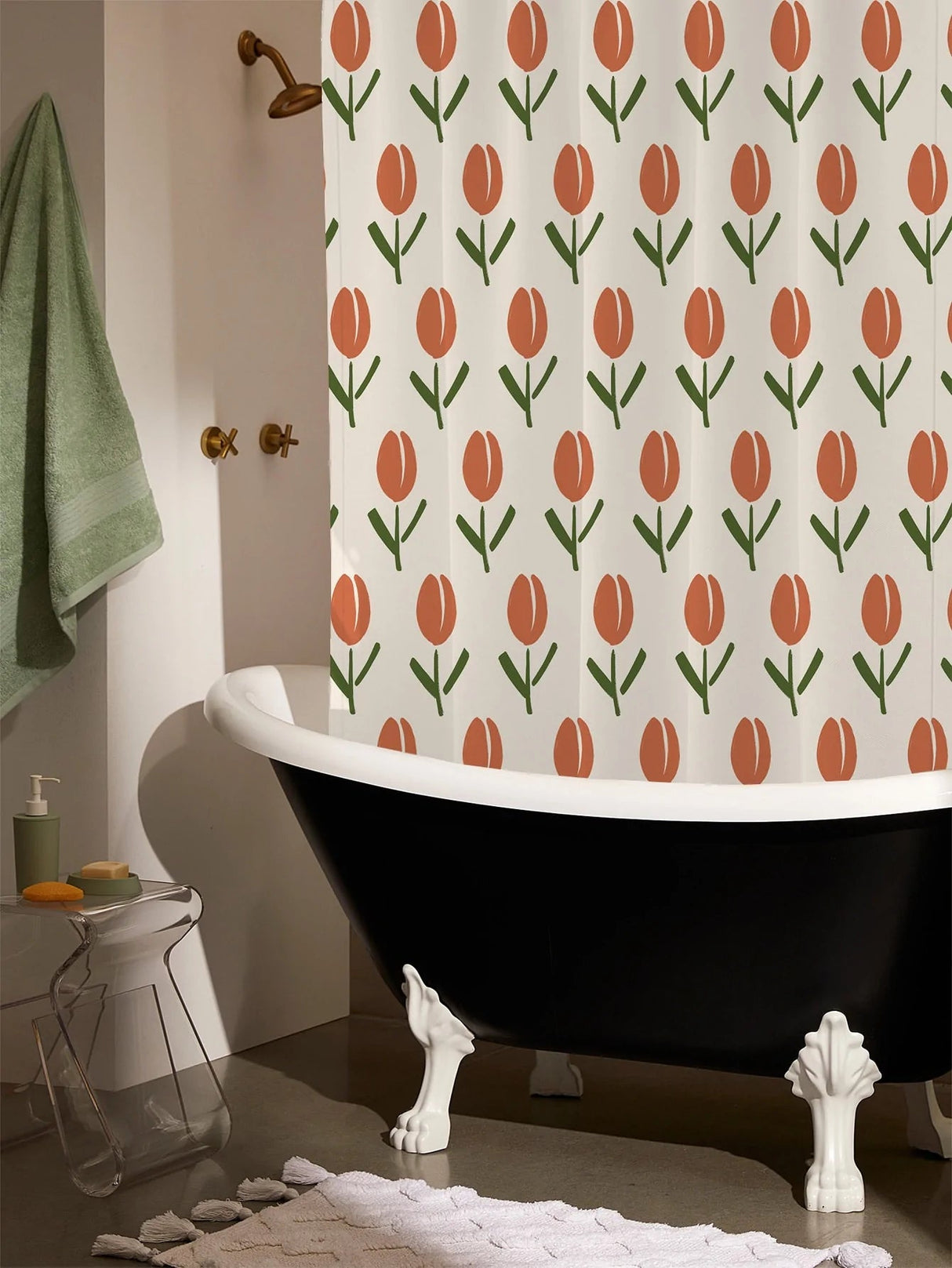 Feblilac Red tulip Shower Curtain with Hooks, Floral Bathroom Curtains with Ring, Unique Bathroom décor, Boho Shower Curtain, Customized Bathroom Curtains, Extra Long Shower Curtain