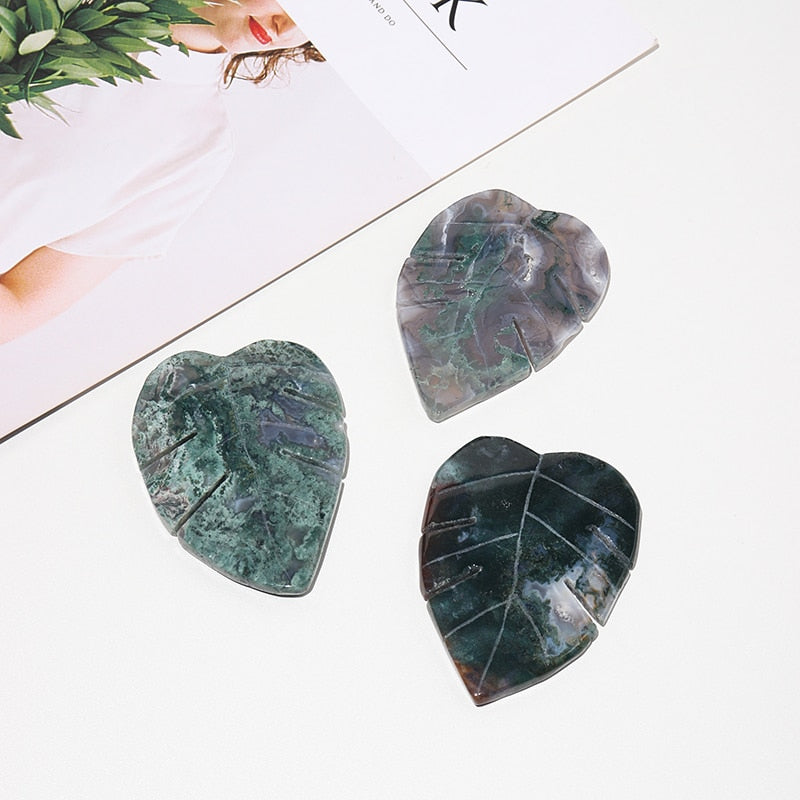 Moss Agate Leaf Shaped Crystal Carving