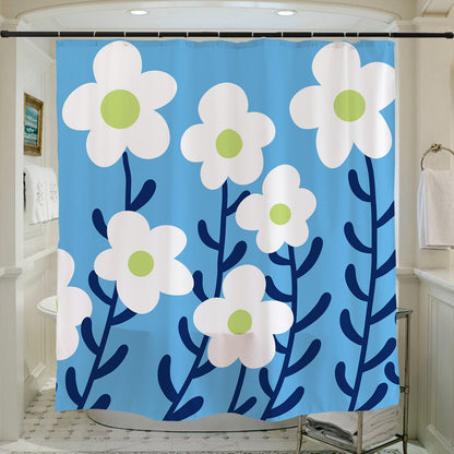 Feblilac White Flower and Blue Shower Curtain with Hooks, Floral Bathroom Curtains with Ring, Unique Bathroom décor, Boho Shower Curtain, Customized Bathroom Curtains, Extra Long Shower Curtain