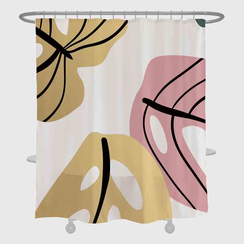 Feblilac Abstract Pink and Yellow Leaves Shower Curtain with Hooks, Floral Bathroom Curtains with Ring, Unique Bathroom décor, Boho Shower Curtain, Customized Bathroom Curtains, Extra Long Shower Curtain