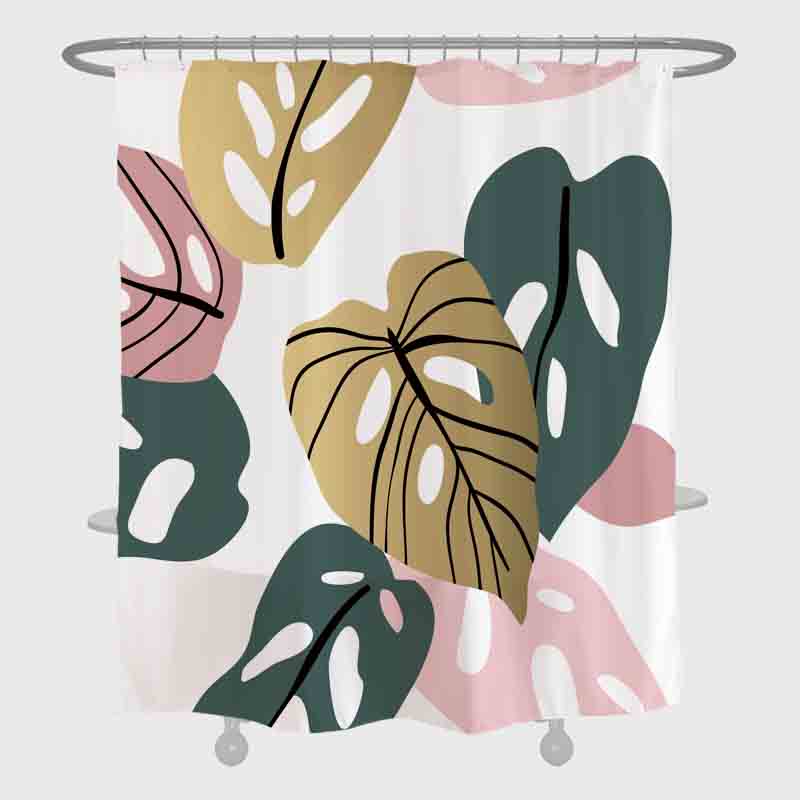 Feblilac Abstract Leaves Garden Shower Curtain with Hooks, Floral Bathroom Curtains with Ring, Unique Bathroom décor, Boho Shower Curtain, Customized Bathroom Curtains, Extra Long Shower Curtain