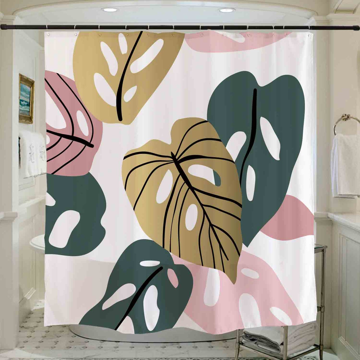 Feblilac Abstract Leaves Garden Shower Curtain with Hooks, Floral Bathroom Curtains with Ring, Unique Bathroom décor, Boho Shower Curtain, Customized Bathroom Curtains, Extra Long Shower Curtain