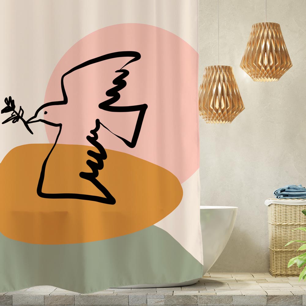 Feblilac Abstract Bird Stone and Mountain  with Hooks, Bathroom Curtains with Ring, Unique Bathroom décor, Boho Shower Curtain, Customized Bathroom Curtains, Extra Long Shower Curtain