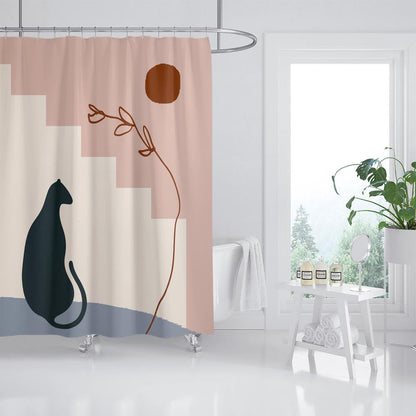 Feblilac Black Cat and Stairs Shower Curtain with Hooks, Bathroom Curtains with Ring, Unique Bathroom décor, Boho Shower Curtain, Customized Bathroom Curtains, Extra Long Shower Curtain