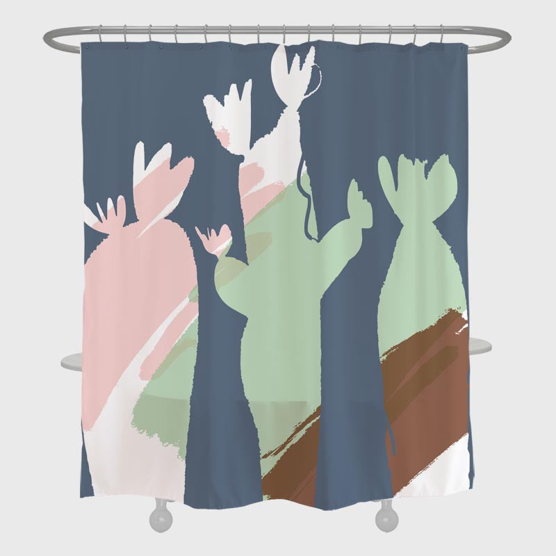 Feblilac Three Cute Cactus Shower Curtain with Hooks, Green Pink and Brown Bathroom Curtains with Ring, Unique Bathroom décor, Boho Shower Curtain, Customized Bathroom Curtains, Extra Long Shower Curtain