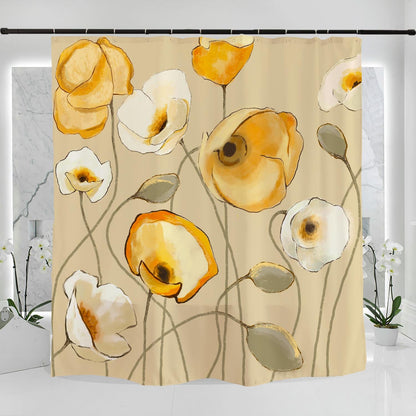 Feblilac Art Yellow and White Flowers Shower Curtain with Hooks, Art Bathroom Curtains with Ring, Unique Bathroom décor, Boho Shower Curtain, Customized Bathroom Curtains, Extra Long Shower Curtain