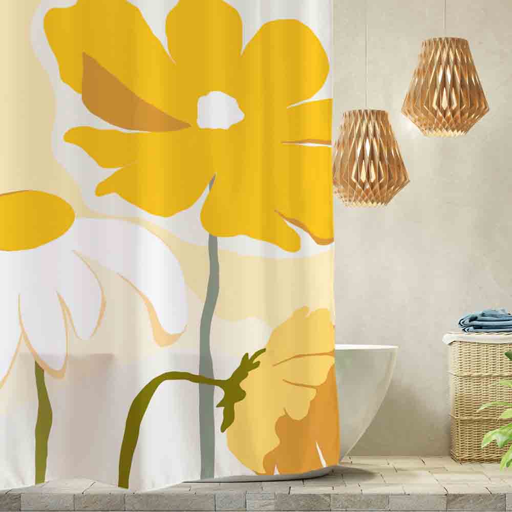 Feblilac Abstract Art Yellow and White Flowers Shower Curtain with Hooks, Art Bathroom Curtains with Ring, Unique Bathroom décor, Boho Shower Curtain, Customized Bathroom Curtains, Extra Long Shower Curtain