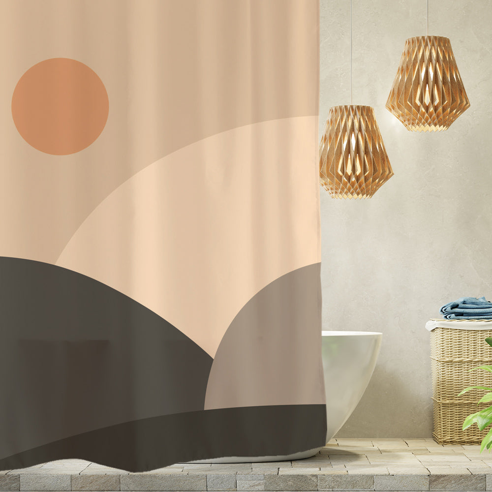 Feblilac Abstract Brown Mountain and Sun Shower Curtain with Hooks, Bathroom Curtains with Ring, Unique Bathroom décor, Boho Shower Curtain, Customized Bathroom Curtains, Extra Long Shower Curtain