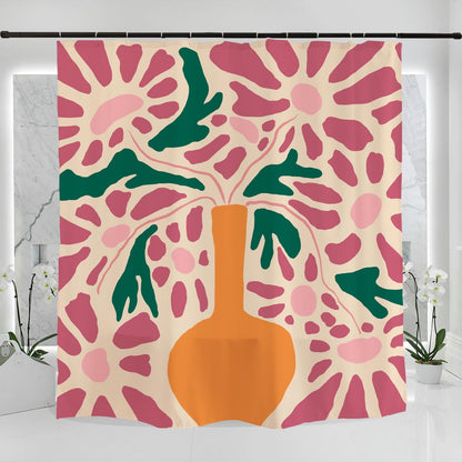 Feblilac Abstract Pink Daisy and Vase Shower Curtain with Hooks, Floral Bathroom Curtains with Ring, Unique Bathroom décor, Boho Shower Curtain, Customized Bathroom Curtains, Extra Long Shower Curtain