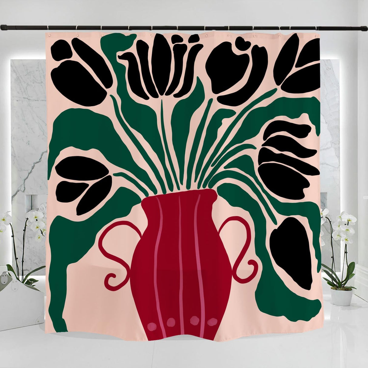 Feblilac Red Vase and Black Tulip Shower Curtain with Hooks, Floral Bathroom Curtains with Ring, Unique Bathroom décor, Boho Shower Curtain, Customized Bathroom Curtains, Extra Long Shower Curtain