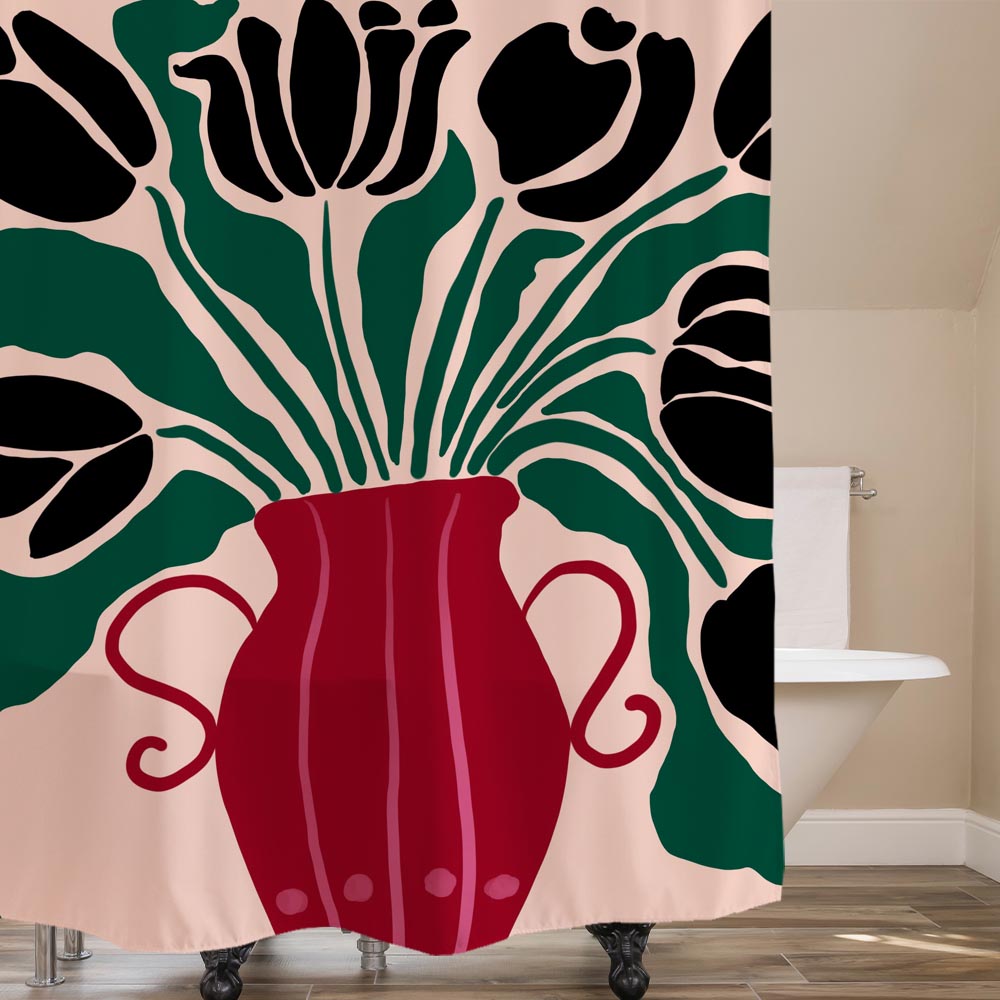 Feblilac Red Vase and Black Tulip Shower Curtain with Hooks, Floral Bathroom Curtains with Ring, Unique Bathroom décor, Boho Shower Curtain, Customized Bathroom Curtains, Extra Long Shower Curtain