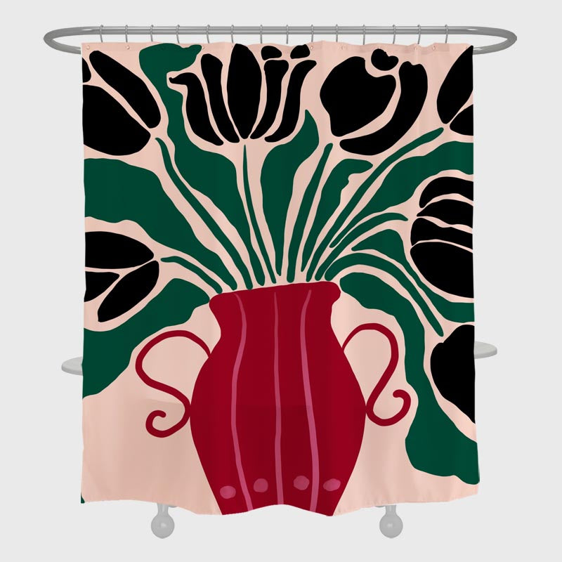 Feblilac Red Vase and Black Tulip Shower Curtain with Hooks, Floral Bathroom Curtains with Ring, Unique Bathroom décor, Boho Shower Curtain, Customized Bathroom Curtains, Extra Long Shower Curtain