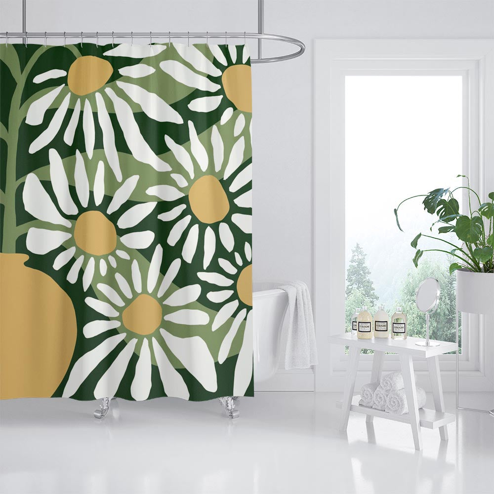 Feblilac Cute Daisy Grey and Green Ground Shower Curtain with Hooks, Floral Bathroom Curtains with Ring, Unique Bathroom décor, Boho Shower Curtain, Customized Bathroom Curtains, Extra Long Shower Curtain