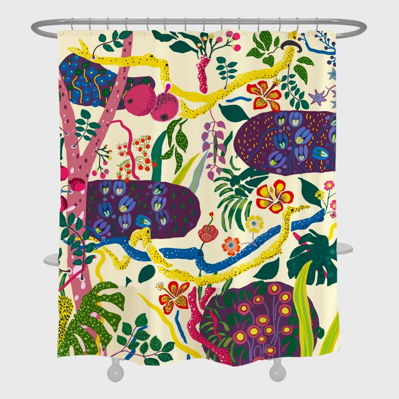 Feblilac Forest Flower Garden with White ground Shower Curtain with Hooks, Floral Bathroom Curtains with Ring, Unique Bathroom décor, Boho Shower Curtain, Customized Bathroom Curtains, Extra Long Shower Curtain